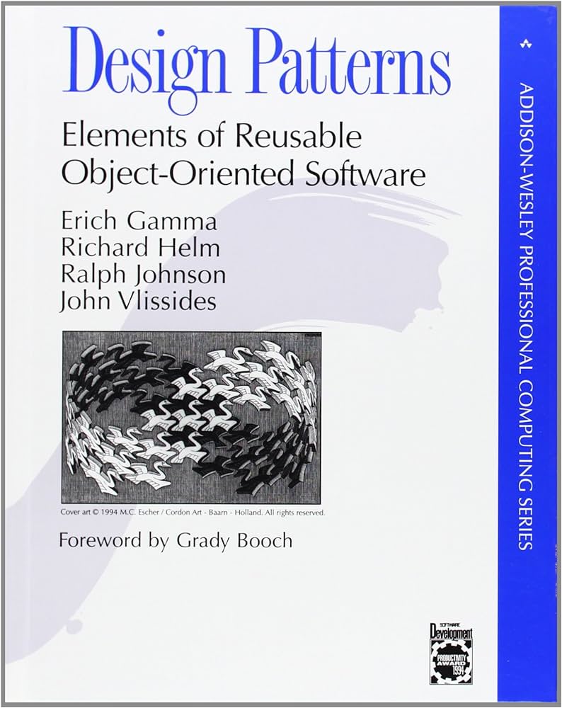 A cover of the book Design Patterns: Elements of Reusable Object-Oriented Software, a recommendation for those wanting to learn how to build a robust architecture